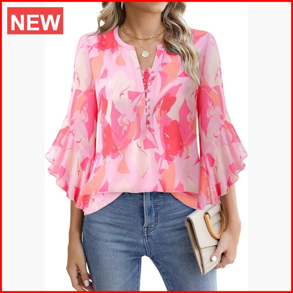 Polyester 3/4 Sleeve Button Down Blouse with V-Ne… - image 1